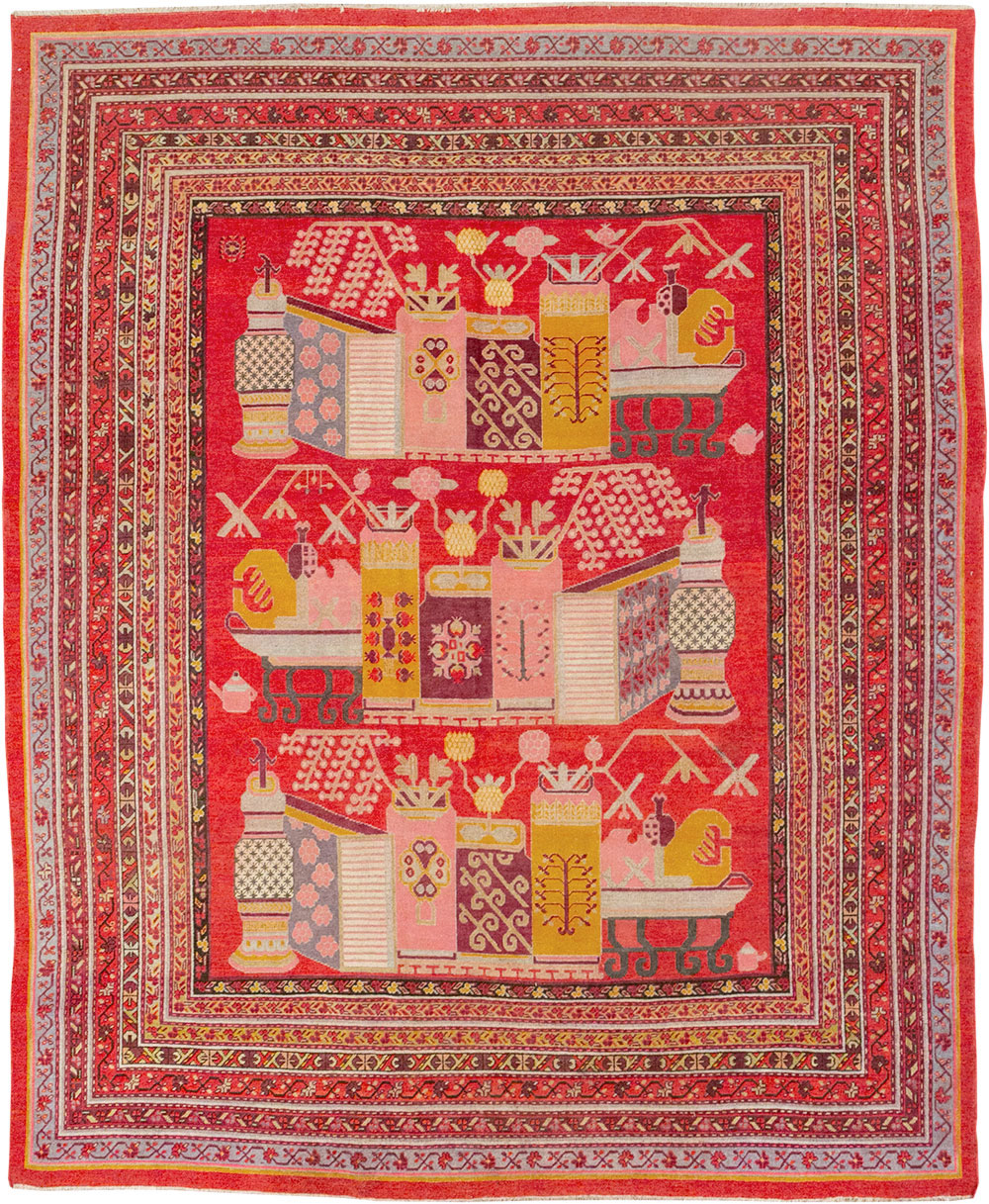 Antique East Turkestan Pictorial Vase Khotan Room Size Carpet, No.32926 - Gss