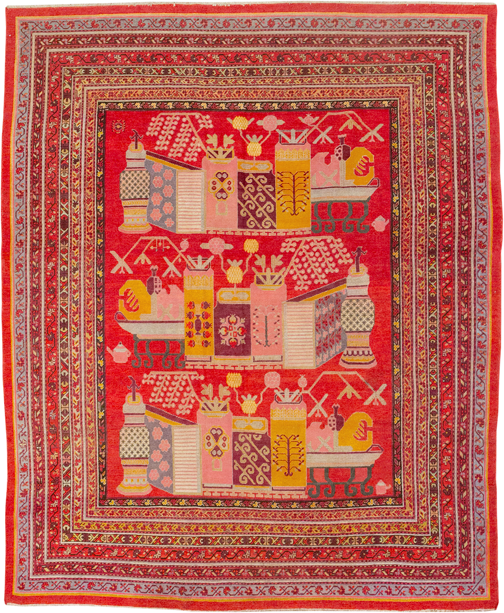 Antique East Turkestan Pictorial Vase Khotan Room Size Carpet, No.32926 - Gss