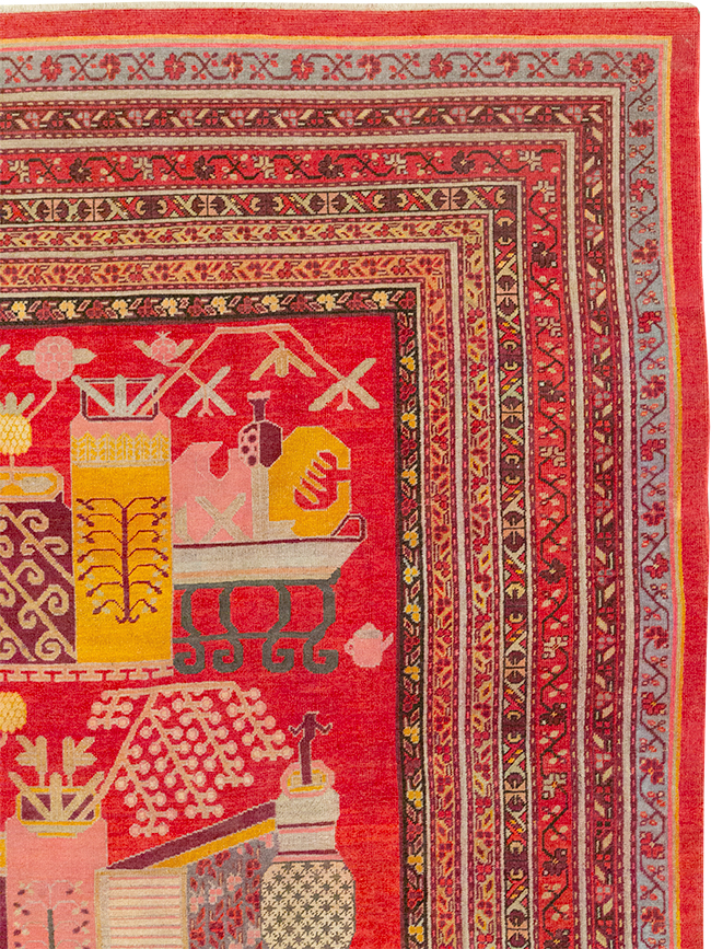 Antique East Turkestan Pictorial Vase Khotan Room Size Carpet, No.32926 - Gss