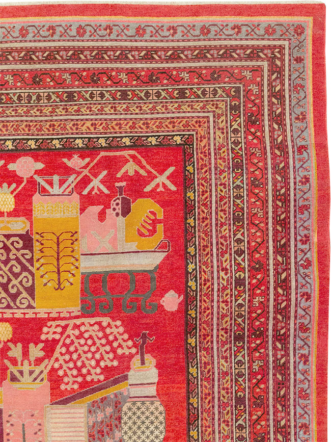 Antique East Turkestan Pictorial Vase Khotan Room Size Carpet, No.32926 - Gss