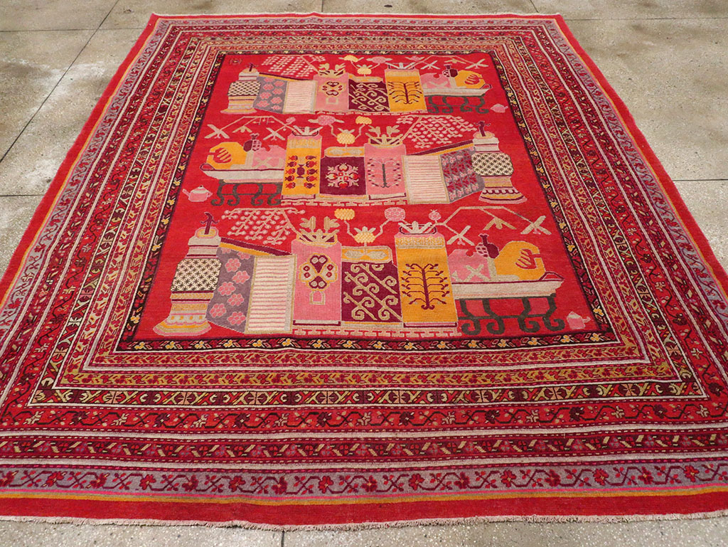 Antique East Turkestan Pictorial Vase Khotan Room Size Carpet, No.32926 - Gss