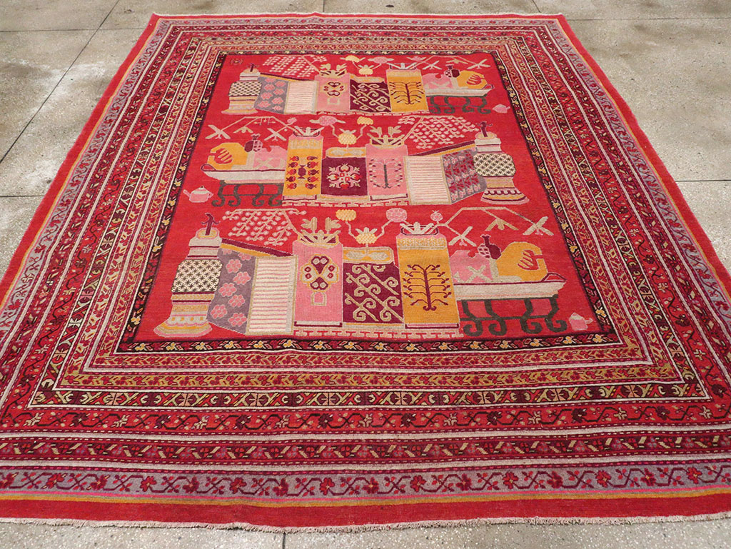 Antique East Turkestan Pictorial Vase Khotan Room Size Carpet, No.32926 - Gss