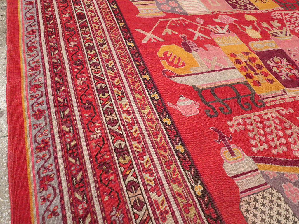Antique East Turkestan Pictorial Vase Khotan Room Size Carpet, No.32926 - Gss