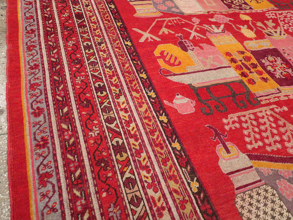 Antique East Turkestan Pictorial Vase Khotan Room Size Carpet, No.32926 - Gss