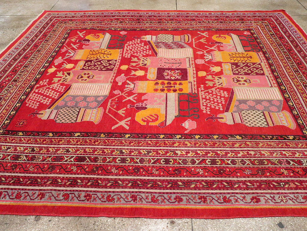 Antique East Turkestan Pictorial Vase Khotan Room Size Carpet, No.32926 - Gss