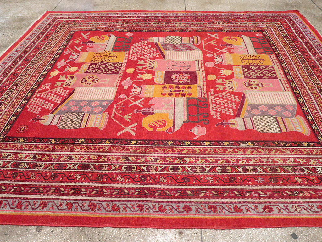 Antique East Turkestan Pictorial Vase Khotan Room Size Carpet, No.32926 - Gss