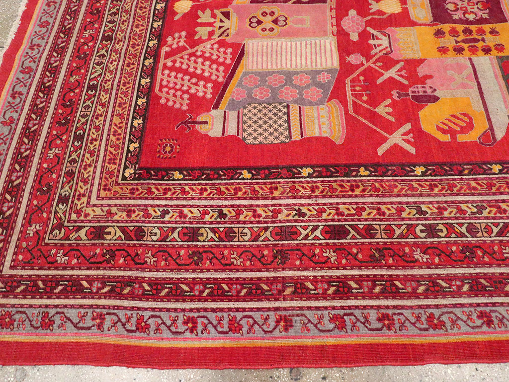 Antique East Turkestan Pictorial Vase Khotan Room Size Carpet, No.32926 - Gss