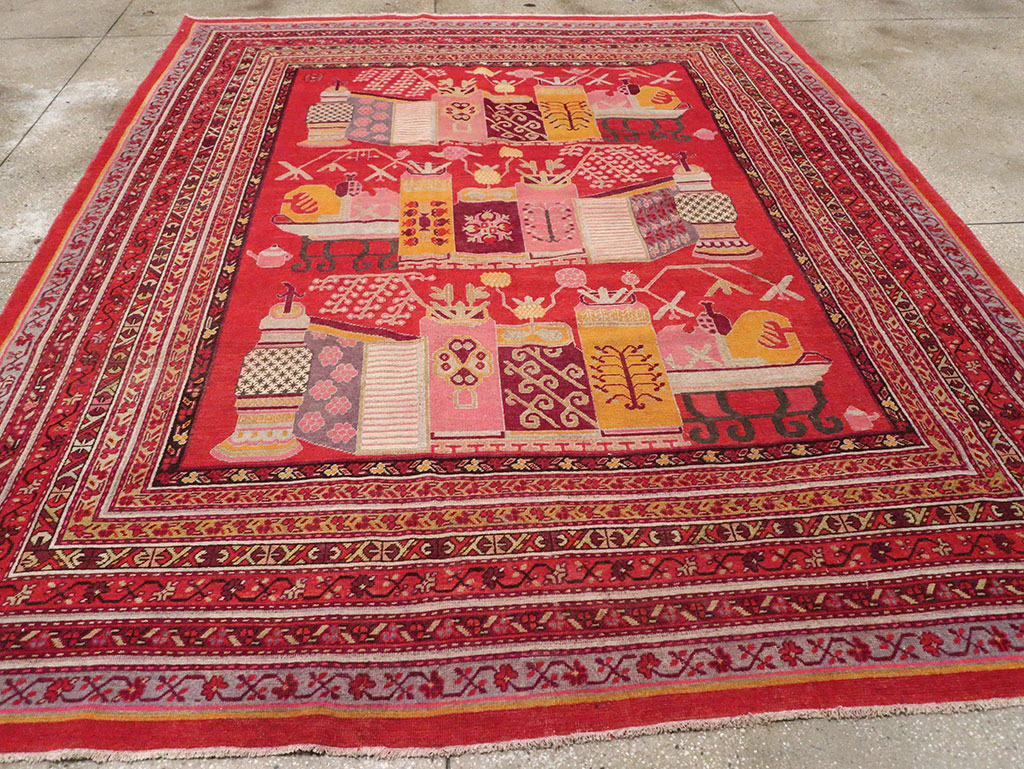 Antique East Turkestan Pictorial Vase Khotan Room Size Carpet, No.32926 - Gss