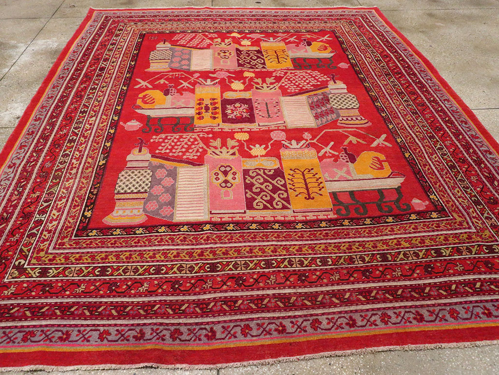 Antique East Turkestan Pictorial Vase Khotan Room Size Carpet, No.32926 - Gss