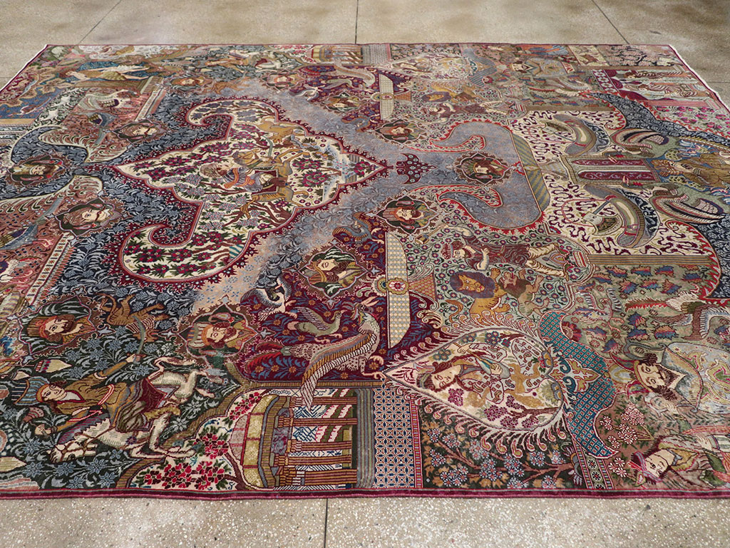 Vintage Persian Mashad Pictorial Room Size Carpet, No.32941 - Gss