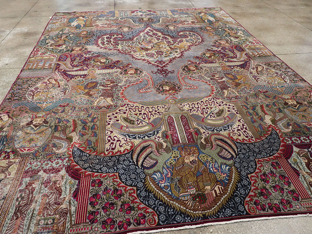 Vintage Persian Mashad Pictorial Room Size Carpet, No.32941 - Gss
