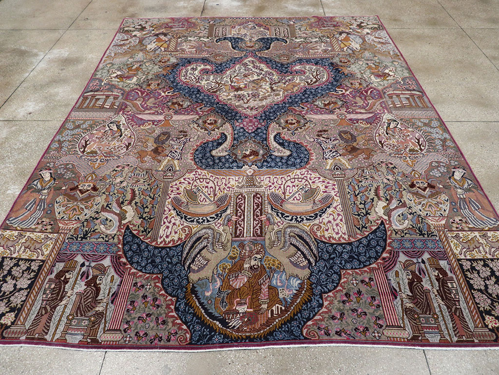 Vintage Persian Mashad Pictorial Room Size Carpet, No.32942 - Gss