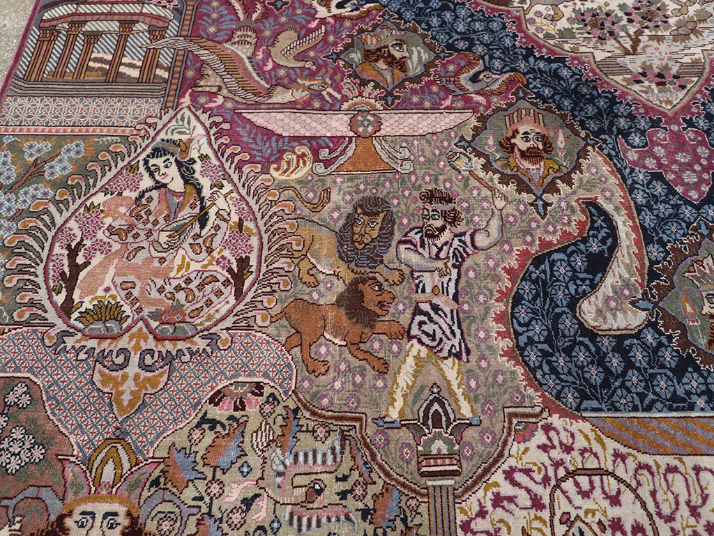 Vintage Persian Mashad Pictorial Room Size Carpet, No.32942 - Gss