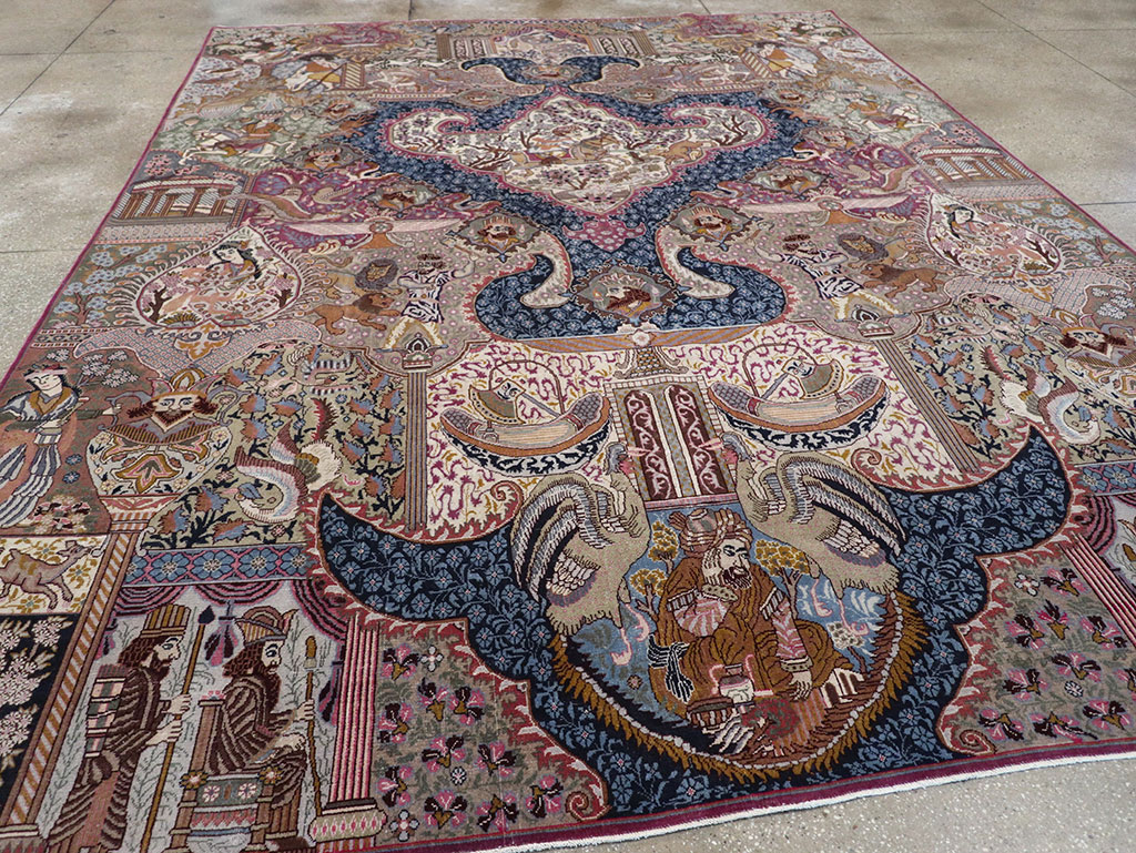 Vintage Persian Mashad Pictorial Room Size Carpet, No.32942 - Gss