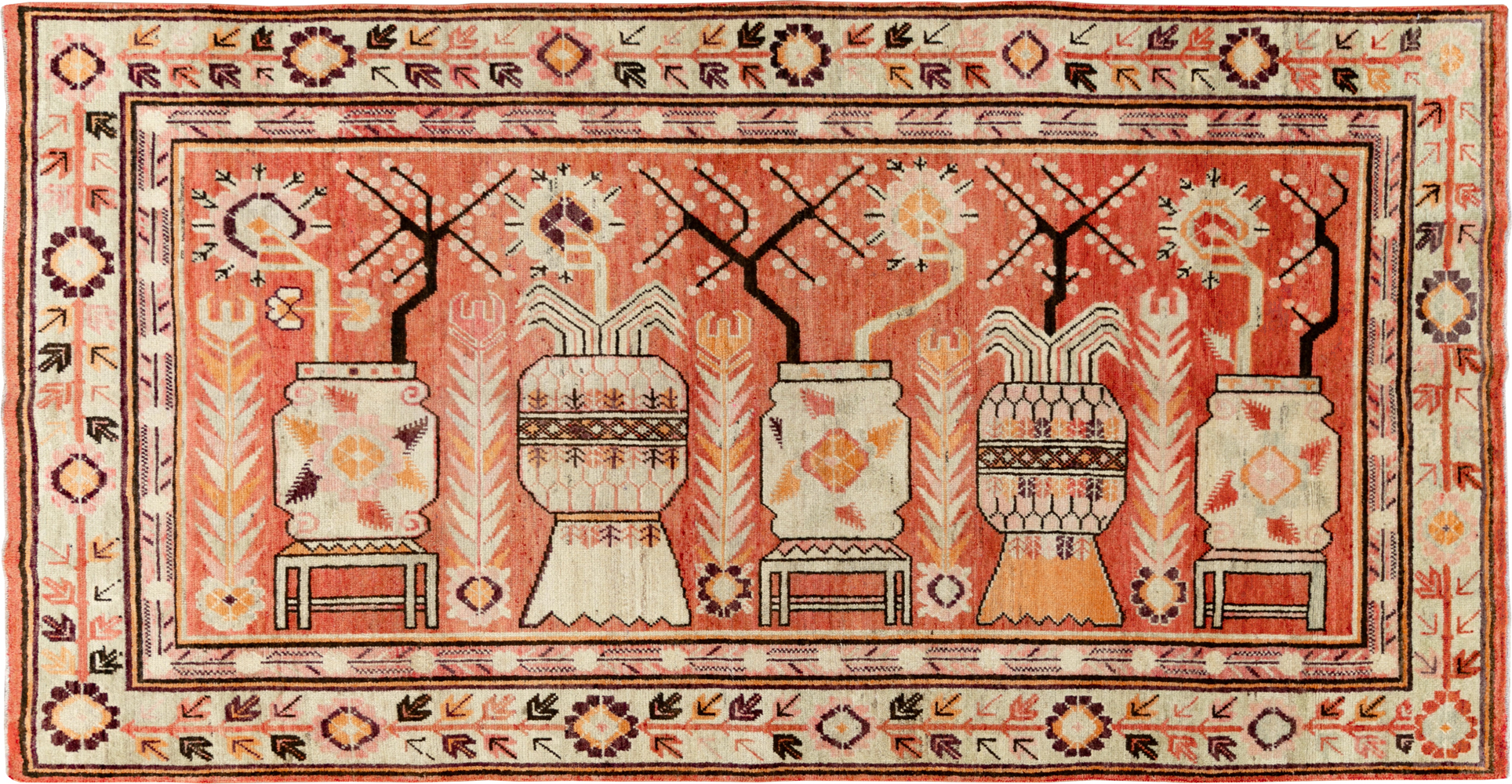 Vintage East Turkestan Pictorial Vase Khotan Rug, No.33698 - Gss