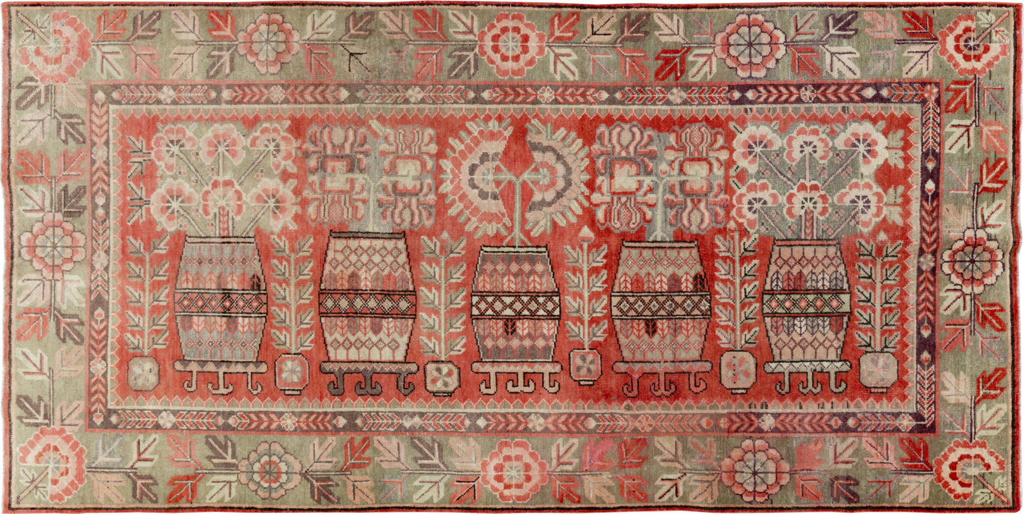 Antique East Turkestan Pictorial Vase Khotan Rug, No.33699 - Gss