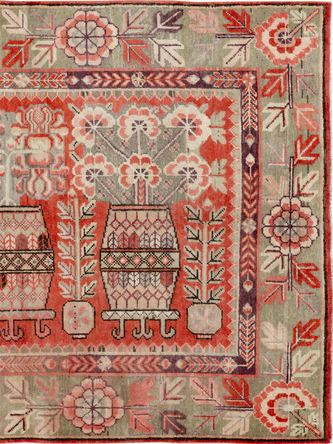 Antique East Turkestan Pictorial Vase Khotan Rug, No.33699 - Gss