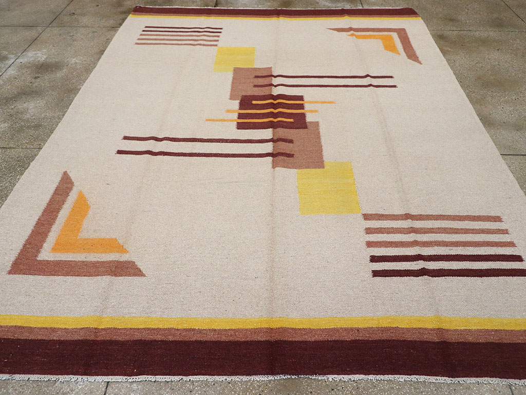 Vintage Indian Flatweave Room Size Rug Inspired By Edward McKnight Kauffer, No.8779 - Gss