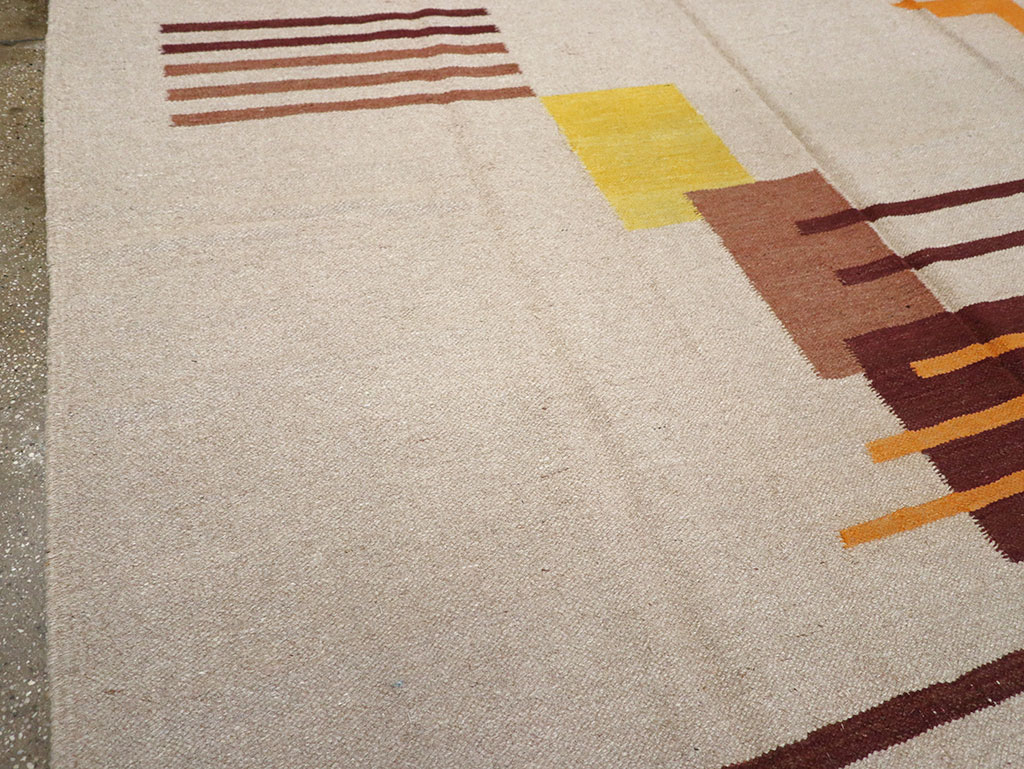 Vintage Indian Flatweave Room Size Rug Inspired By Edward McKnight Kauffer, No.8779 - Gss