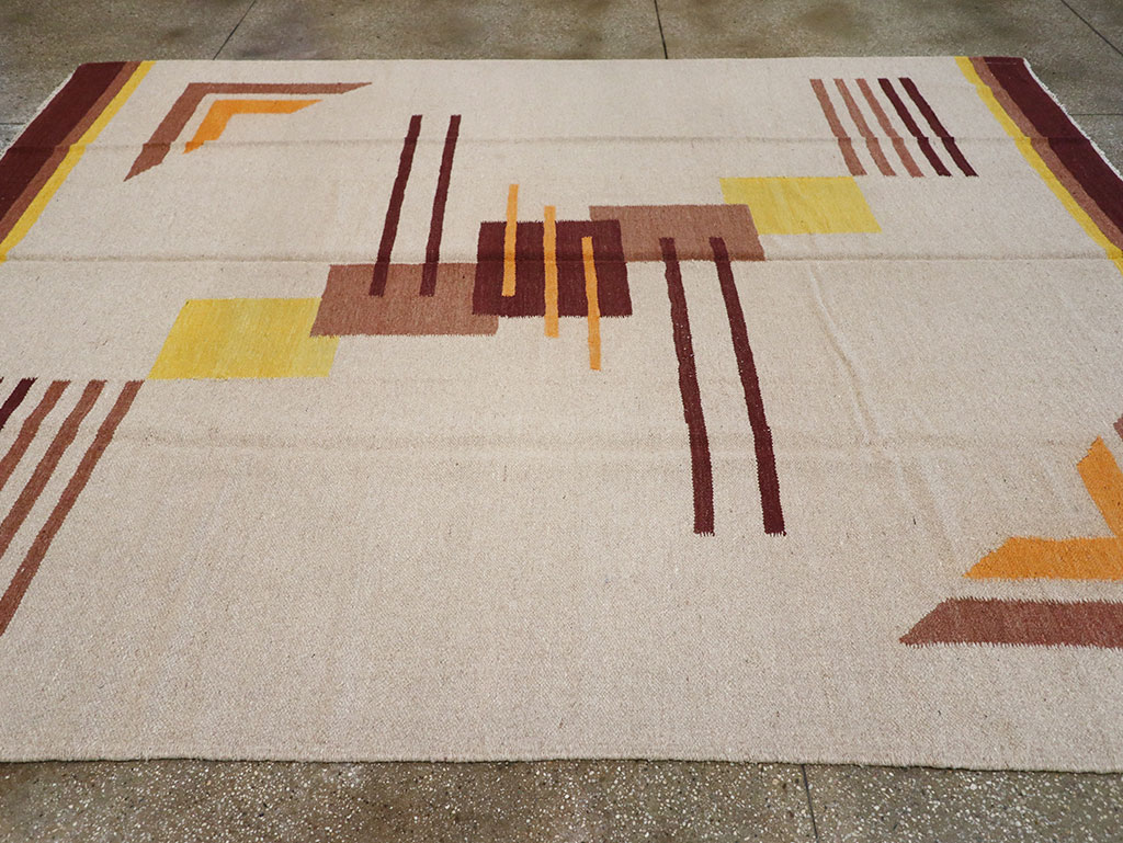 Vintage Indian Flatweave Room Size Rug Inspired By Edward McKnight Kauffer, No.8779 - Gss