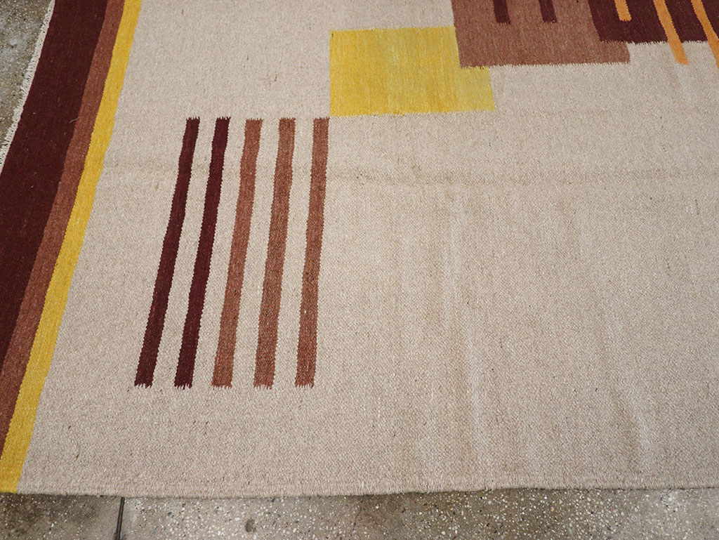 Vintage Indian Flatweave Room Size Rug Inspired By Edward McKnight Kauffer, No.8779 - Gss