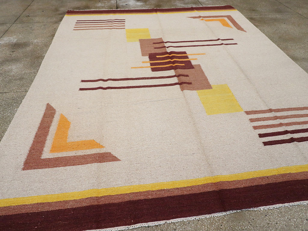 Vintage Indian Flatweave Room Size Rug Inspired By Edward McKnight Kauffer, No.8779 - Gss