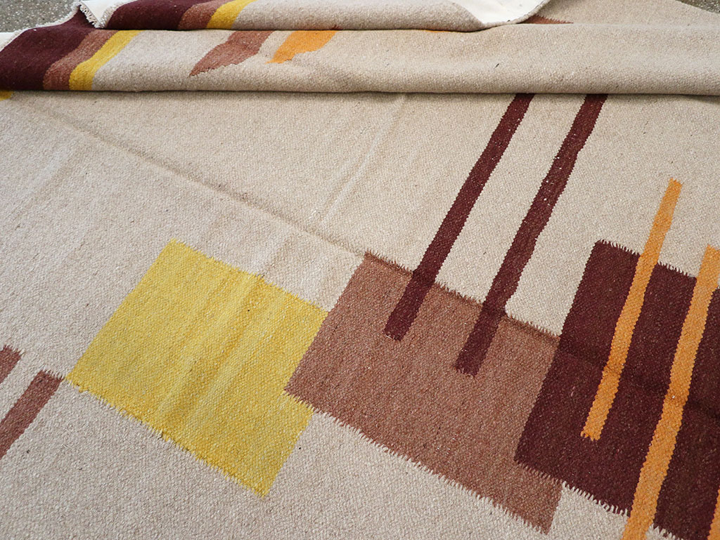 Vintage Indian Flatweave Room Size Rug Inspired By Edward McKnight Kauffer, No.8779 - Gss