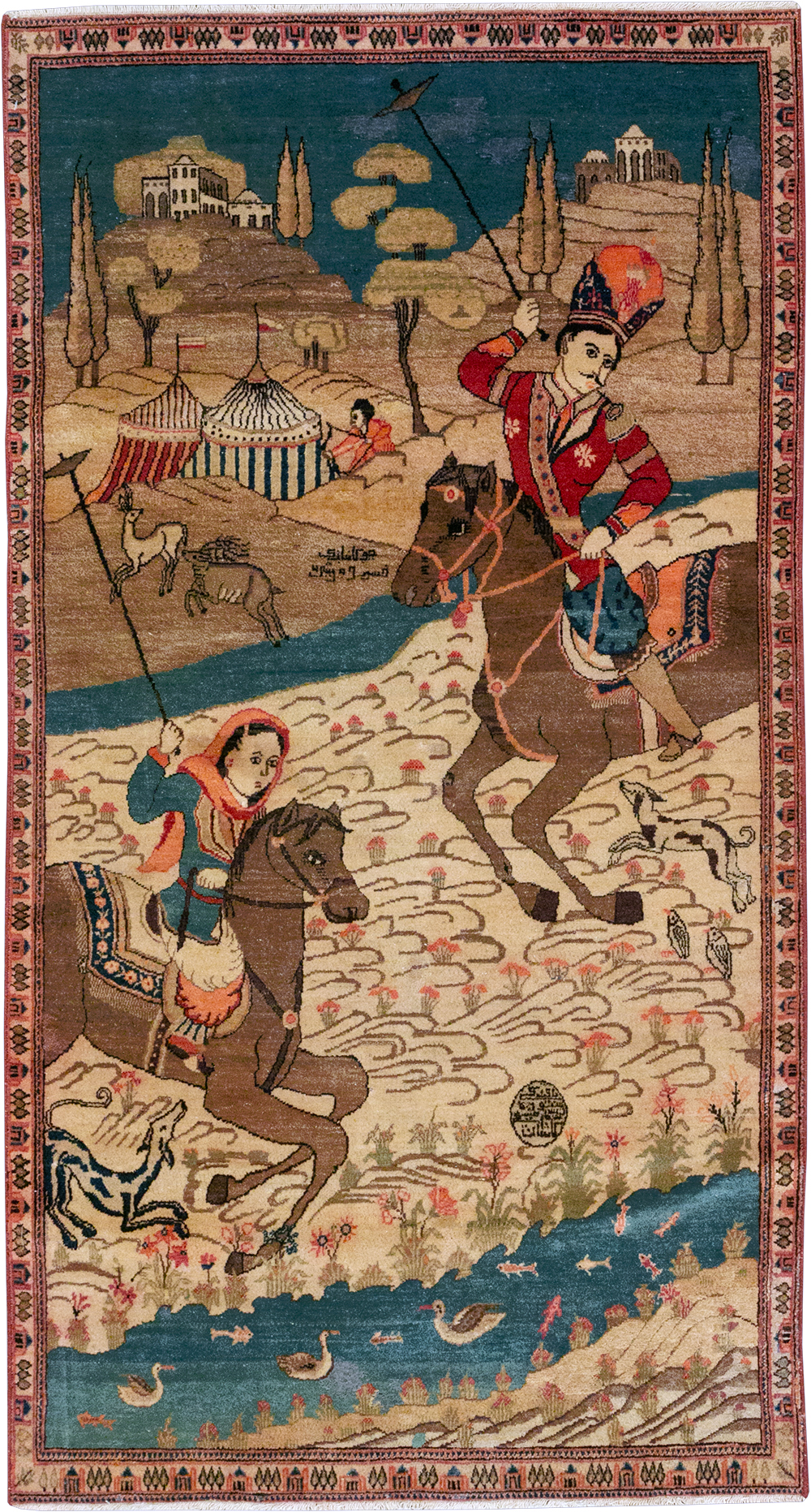 Vintage Persian Kashan Pictorial Throw Rug, No.9083 - Gss