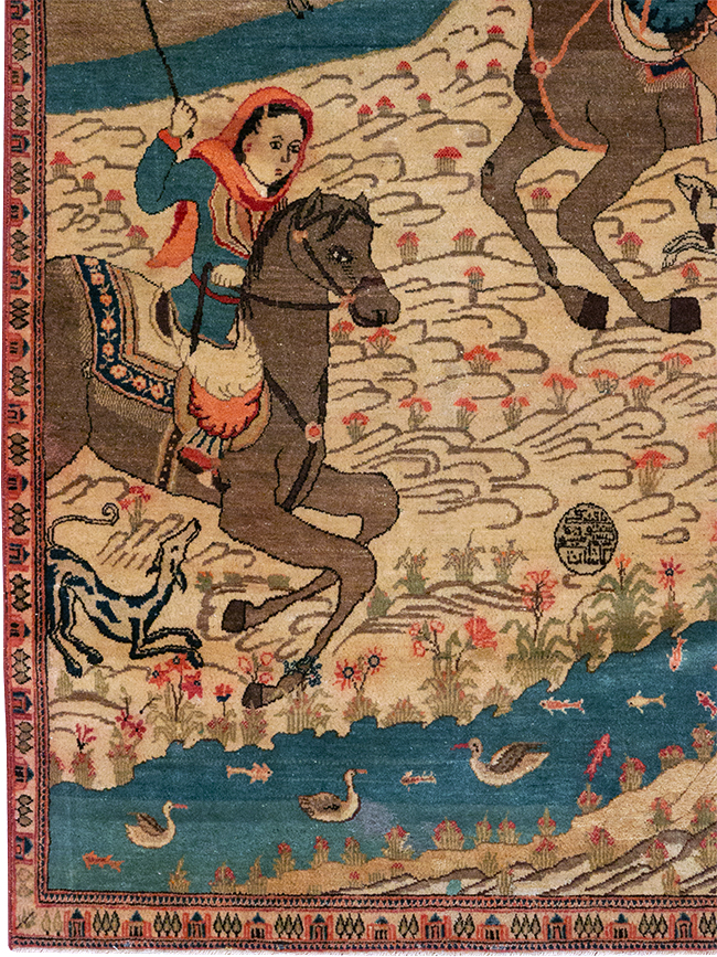 Vintage Persian Kashan Pictorial Throw Rug, No.9083 - Gss