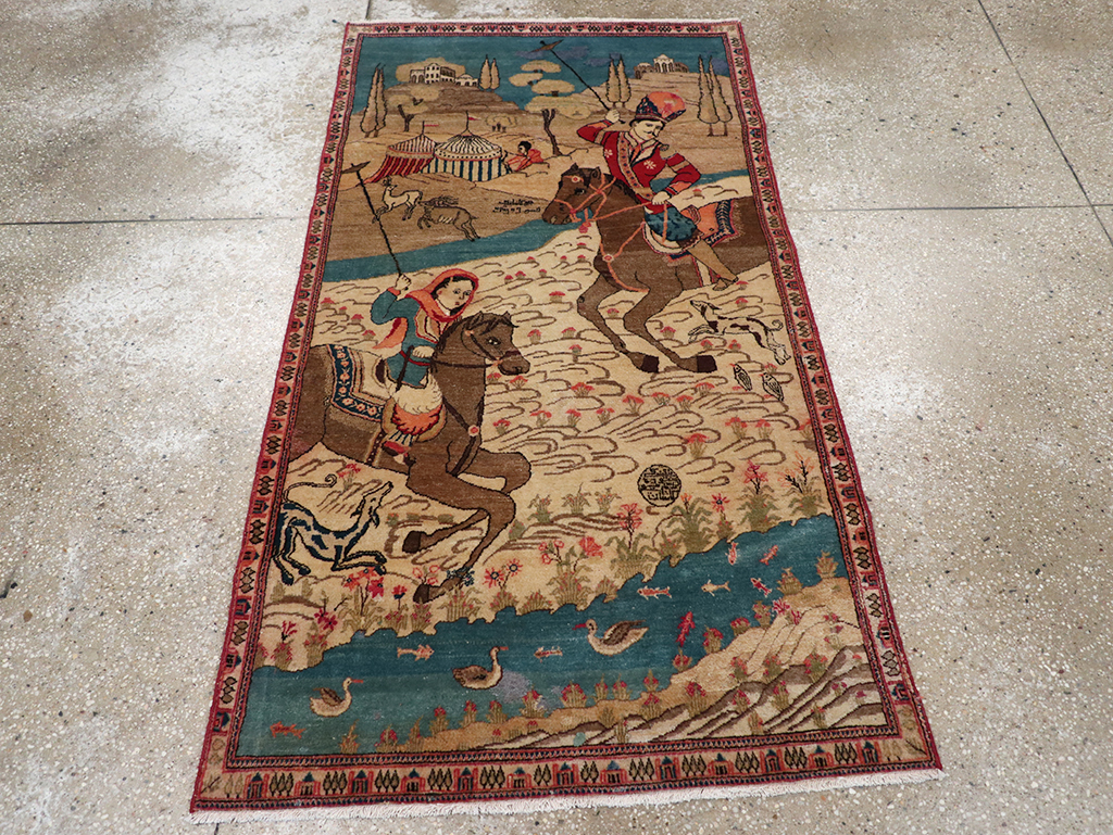 Vintage Persian Kashan Pictorial Throw Rug, No.9083 - Gss