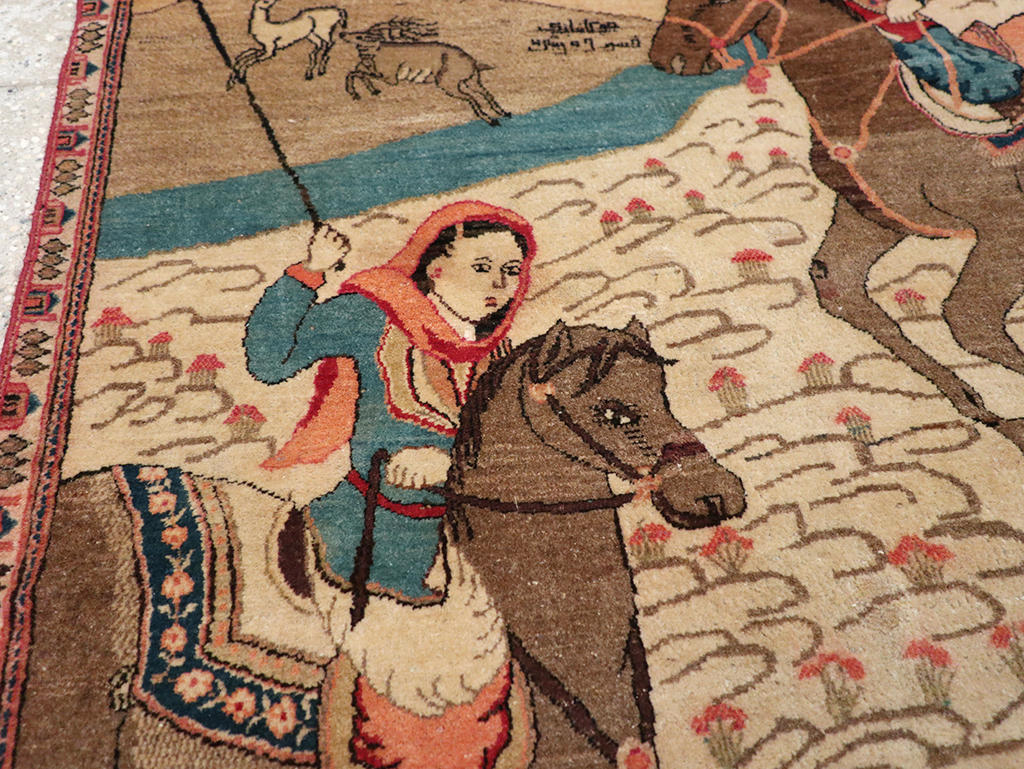 Vintage Persian Kashan Pictorial Throw Rug, No.9083 - Gss