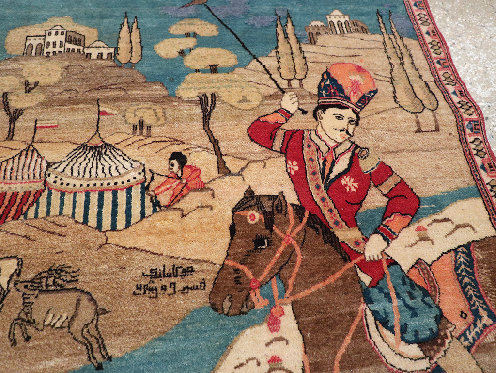 Vintage Persian Kashan Pictorial Throw Rug, No.9083 - Gss