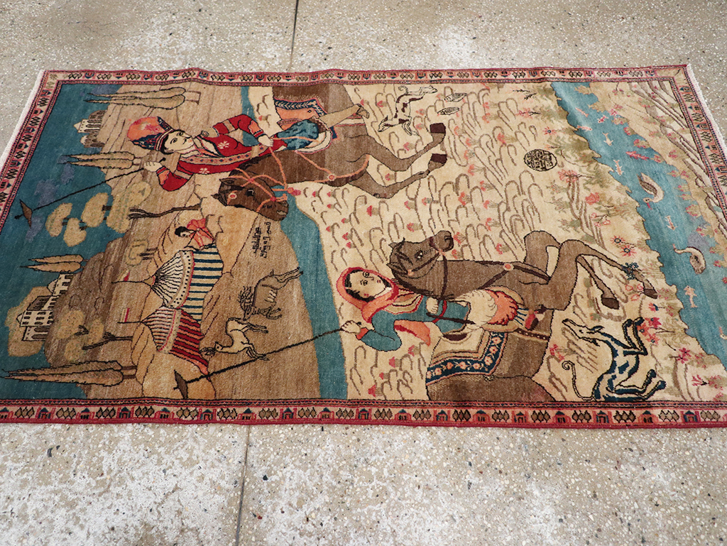 Vintage Persian Kashan Pictorial Throw Rug, No.9083 - Gss
