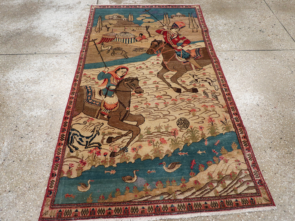 Vintage Persian Kashan Pictorial Throw Rug, No.9083 - Gss