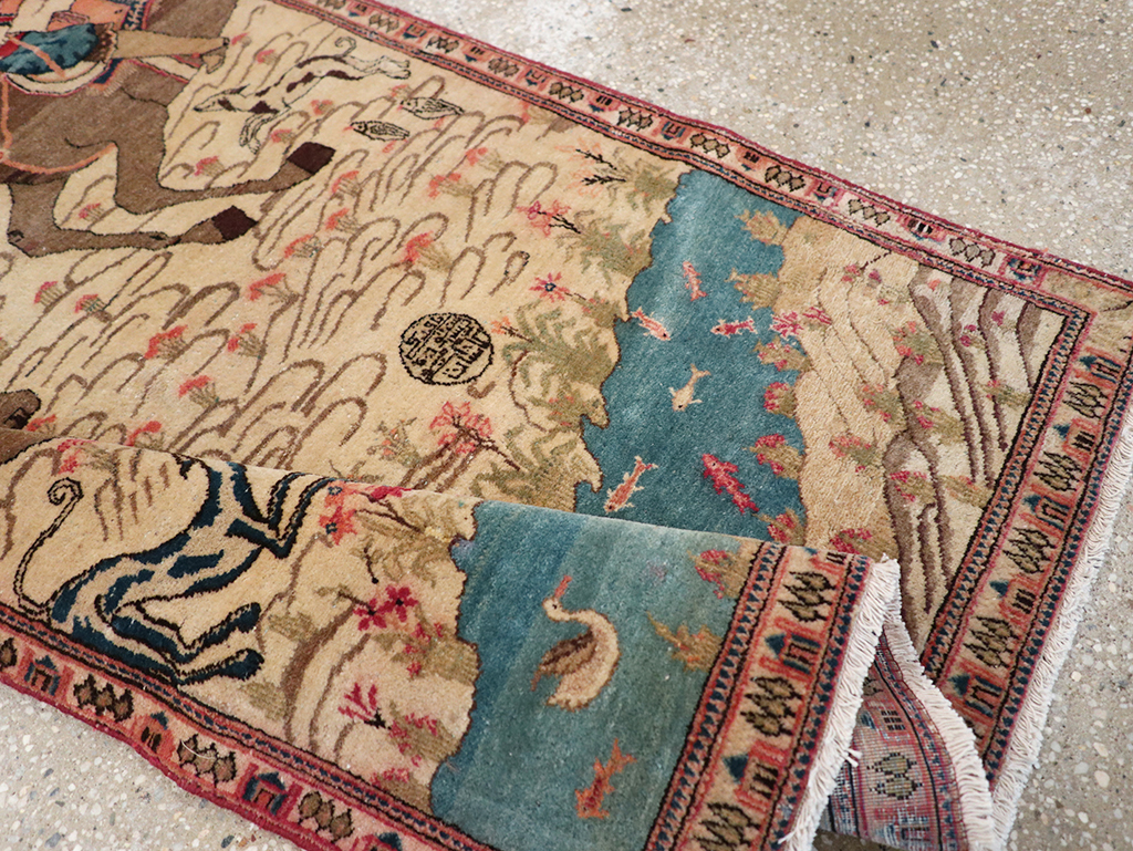 Vintage Persian Kashan Pictorial Throw Rug, No.9083 - Gss