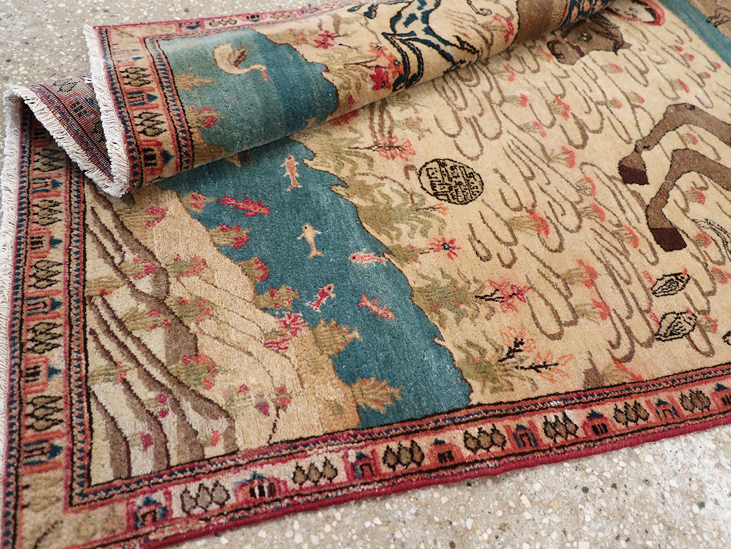 Vintage Persian Kashan Pictorial Throw Rug, No.9083 - Gss