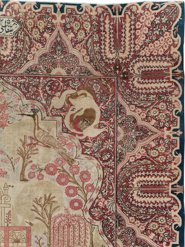 Antique Persian Lavar Kerman Pictorial Accent Carpet, No.9586 - Gss