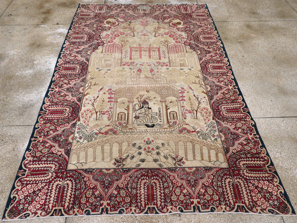 Antique Persian Lavar Kerman Pictorial Accent Carpet, No.9586 - Gss