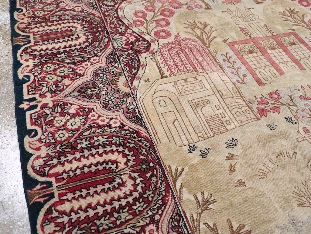 Antique Persian Lavar Kerman Pictorial Accent Carpet, No.9586 - Gss