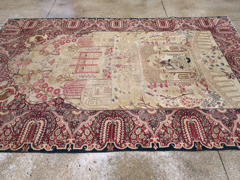 Antique Persian Lavar Kerman Pictorial Accent Carpet, No.9586 - Gss