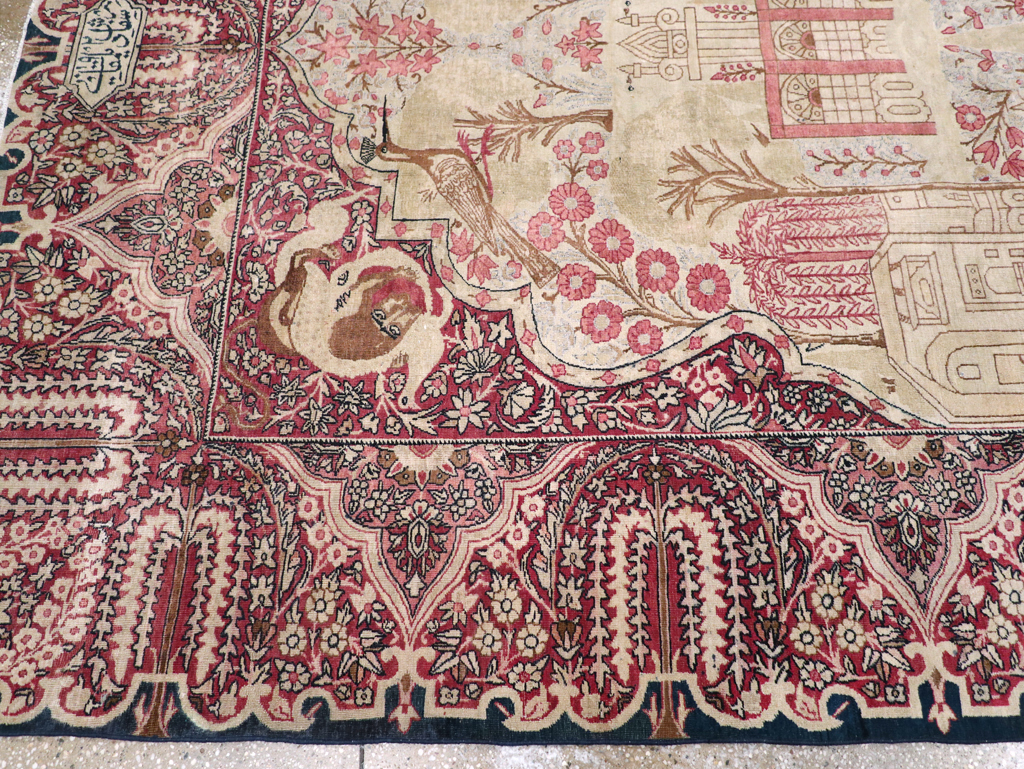 Antique Persian Lavar Kerman Pictorial Accent Carpet, No.9586 - Gss