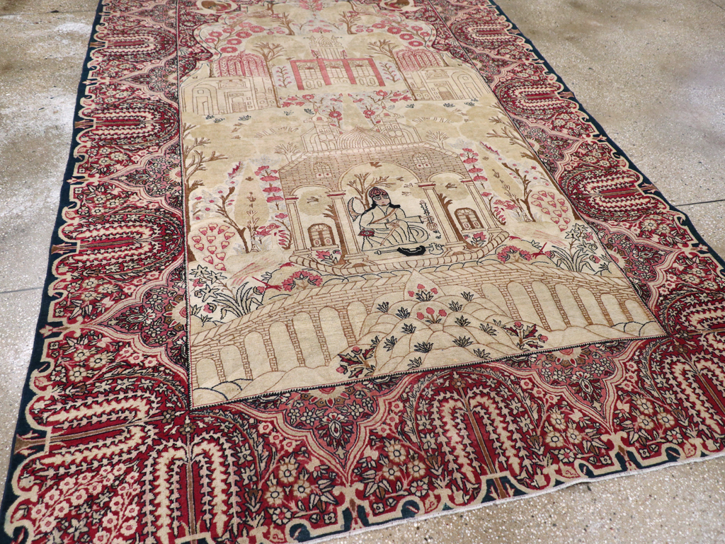 Antique Persian Lavar Kerman Pictorial Accent Carpet, No.9586 - Gss
