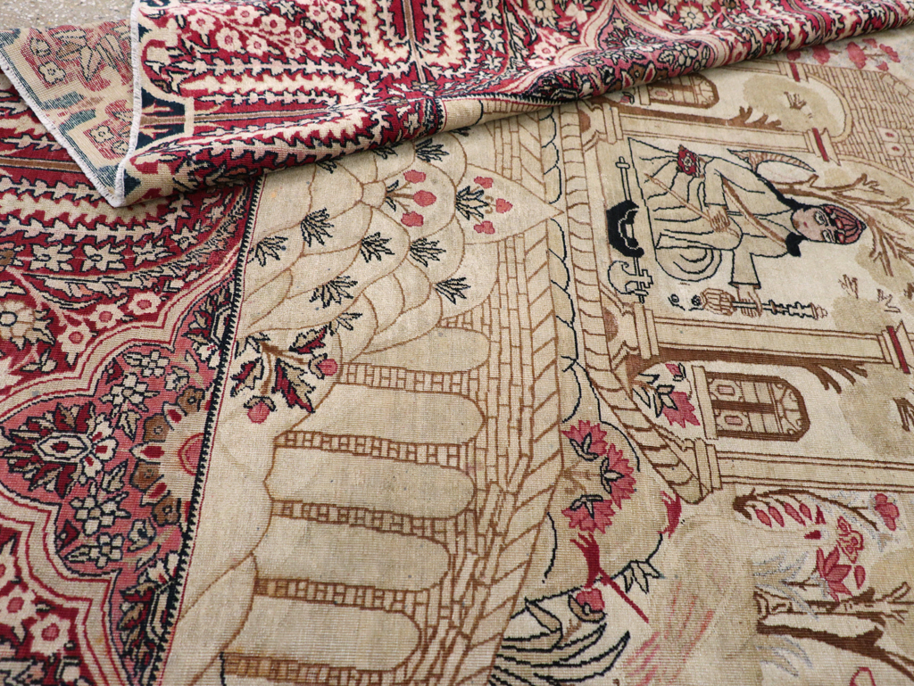 Antique Persian Lavar Kerman Pictorial Accent Carpet, No.9586 - Gss